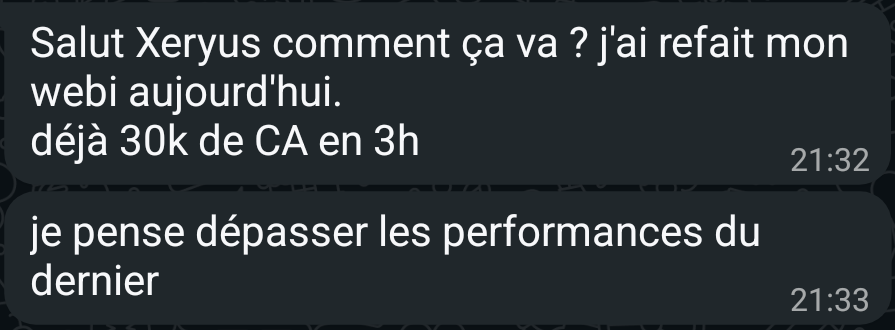Message WhatsApp de Julien : déjà 30k de CA en 3h